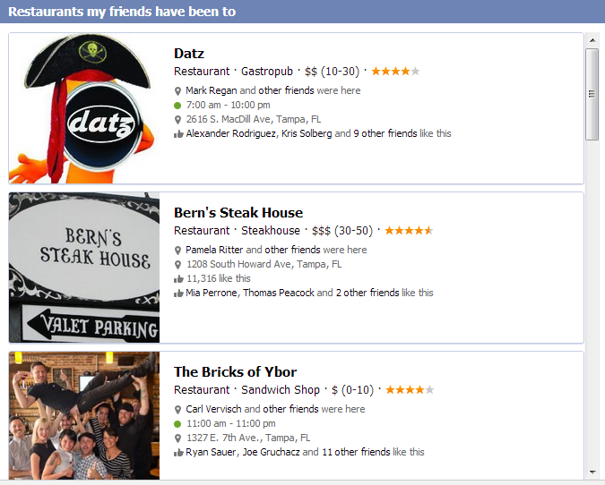 facebook graph search results - restaurants my friends have been to
